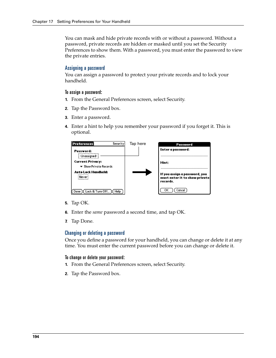 Assigning a password, To assign a password, Changing or deleting a password | To change or delete your password | Palm Tungsten T Handhelds User Manual | Page 204 / 290