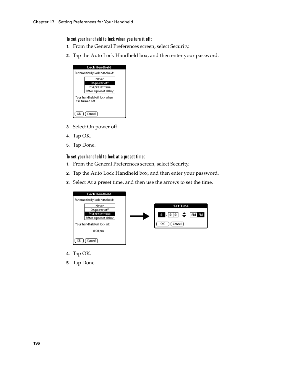 To set your handheld to lock when you turn it off, To set your handheld to lock at a preset time | Palm Tungsten T Handhelds User Manual | Page 206 / 290