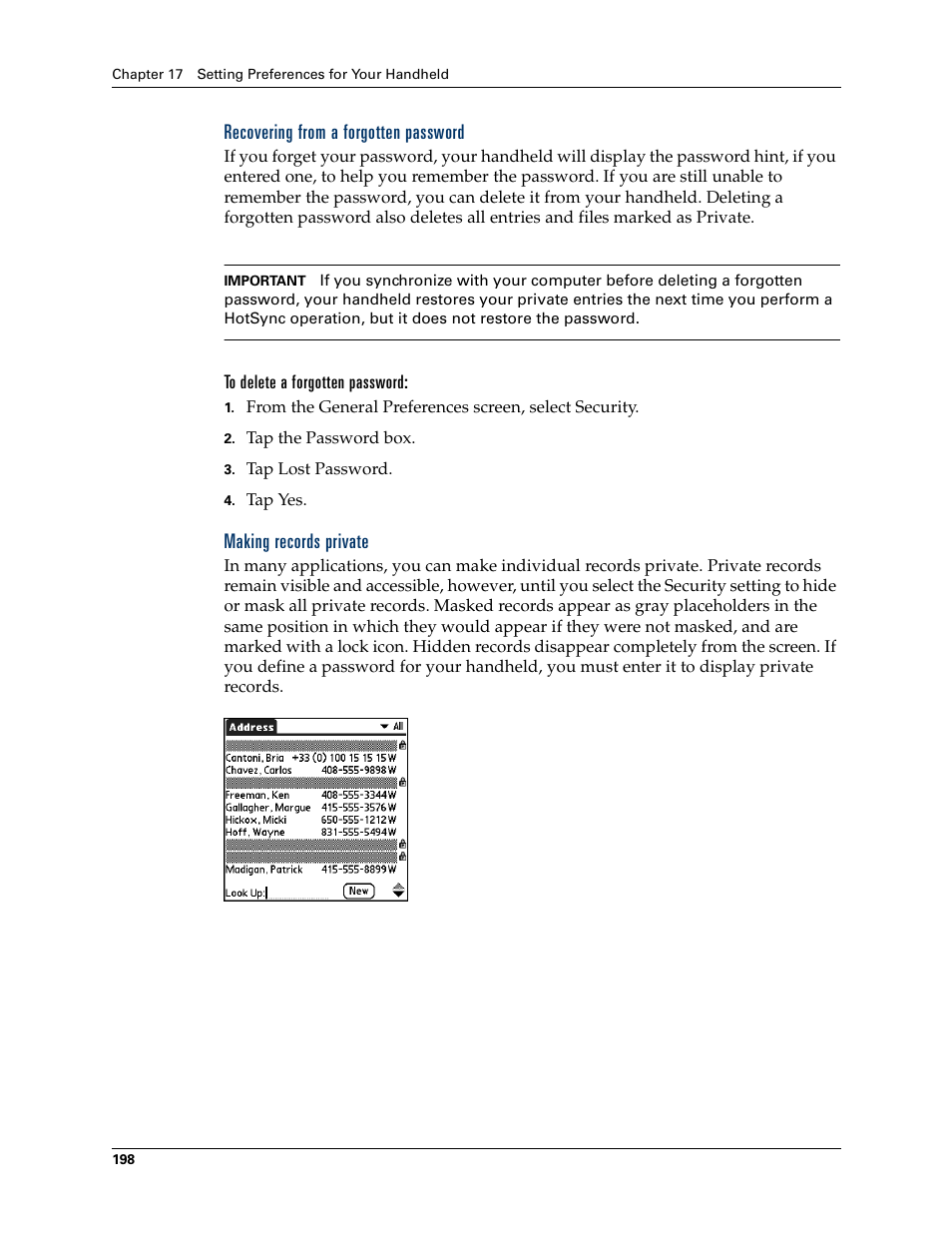 Recovering from a forgotten password, To delete a forgotten password, Making records private | Palm Tungsten T Handhelds User Manual | Page 208 / 290