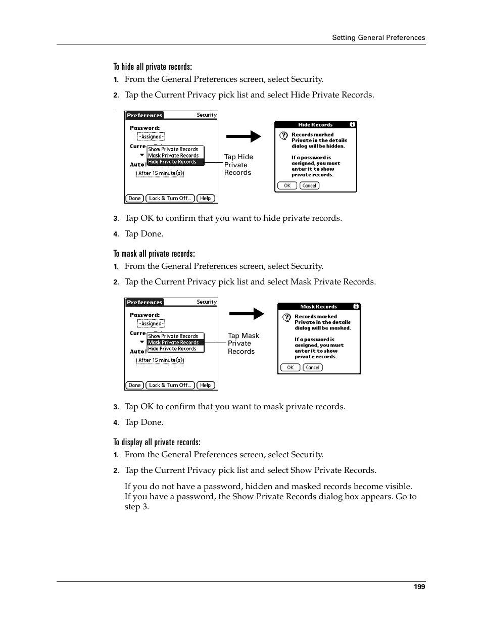 To hide all private records, To mask all private records, To display all private records | Palm Tungsten T Handhelds User Manual | Page 209 / 290