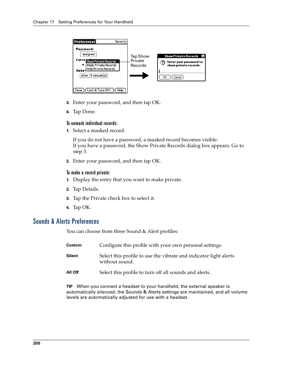 To unmask individual records, To make a record private, Sounds & alerts preferences | Palm Tungsten T Handhelds User Manual | Page 210 / 290