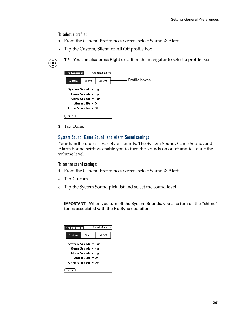 To select a profile, System sound, game sound, and alarm sound settings, To set the sound settings | Palm Tungsten T Handhelds User Manual | Page 211 / 290