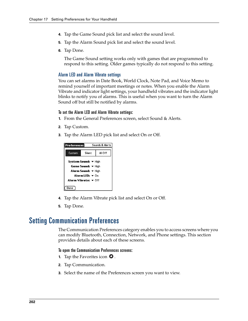 Alarm led and alarm vibrate settings, To set the alarm led and alarm vibrate settings, Setting communication preferences | To open the communication preferences screens, Setting communication, Preferences, Chapter 17 | Palm Tungsten T Handhelds User Manual | Page 212 / 290