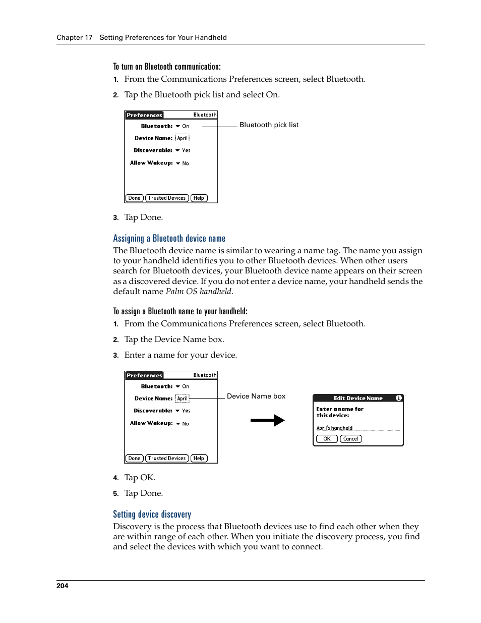 To turn on bluetooth communication, Assigning a bluetooth device name, To assign a bluetooth name to your handheld | Setting device discovery | Palm Tungsten T Handhelds User Manual | Page 214 / 290