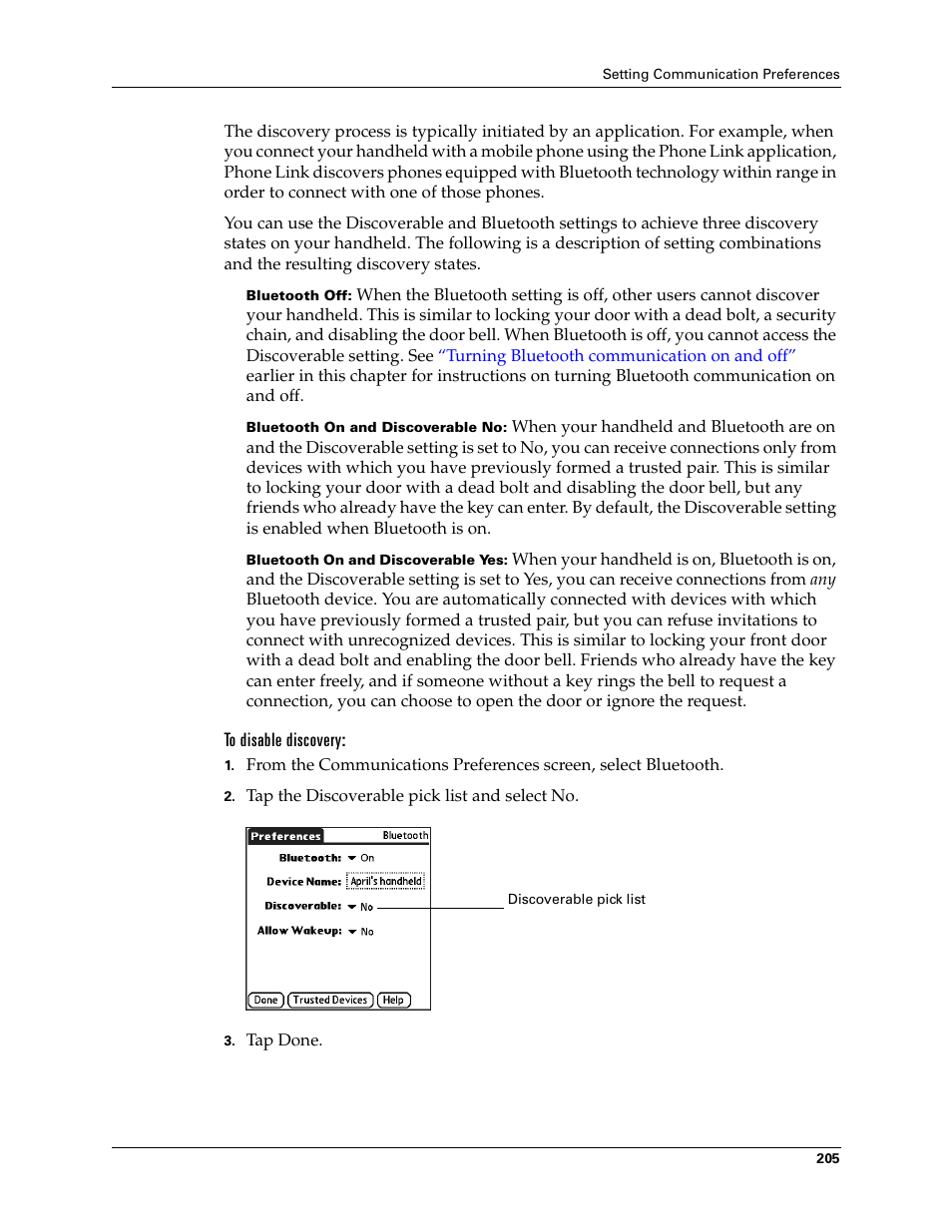 To disable discovery | Palm Tungsten T Handhelds User Manual | Page 215 / 290
