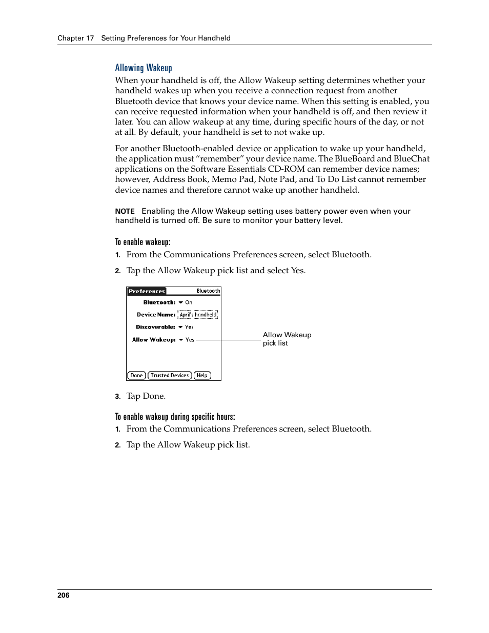 Allowing wakeup, To enable wakeup, To enable wakeup during specific hours | Palm Tungsten T Handhelds User Manual | Page 216 / 290