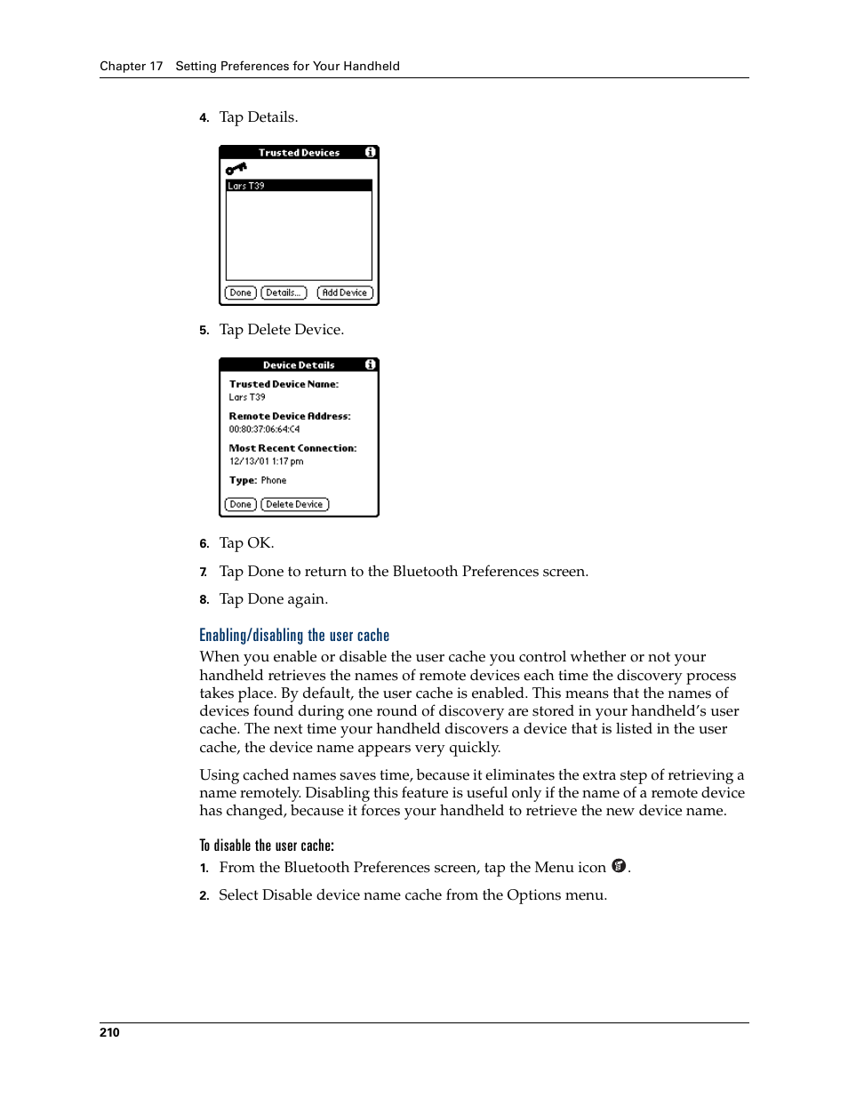 Enabling/disabling the user cache, To disable the user cache | Palm Tungsten T Handhelds User Manual | Page 220 / 290