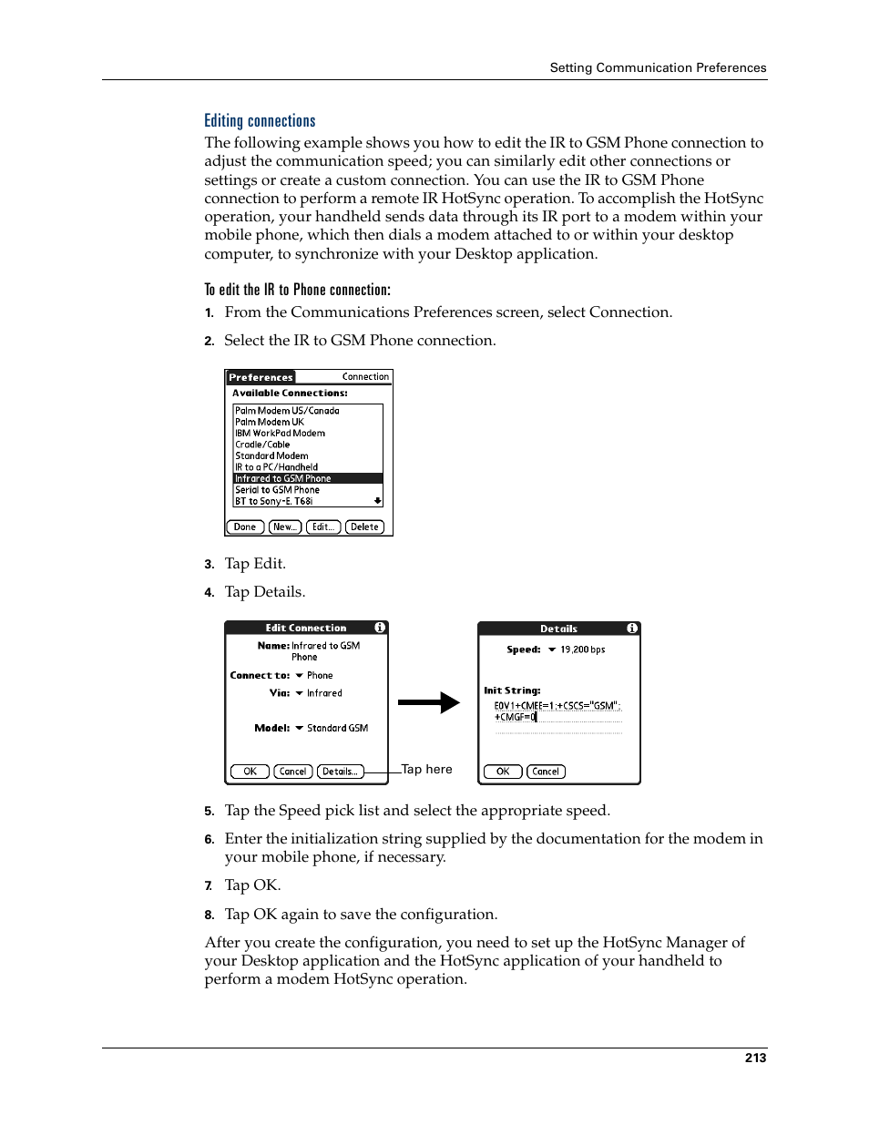 Editing connections, To edit the ir to phone connection | Palm Tungsten T Handhelds User Manual | Page 223 / 290