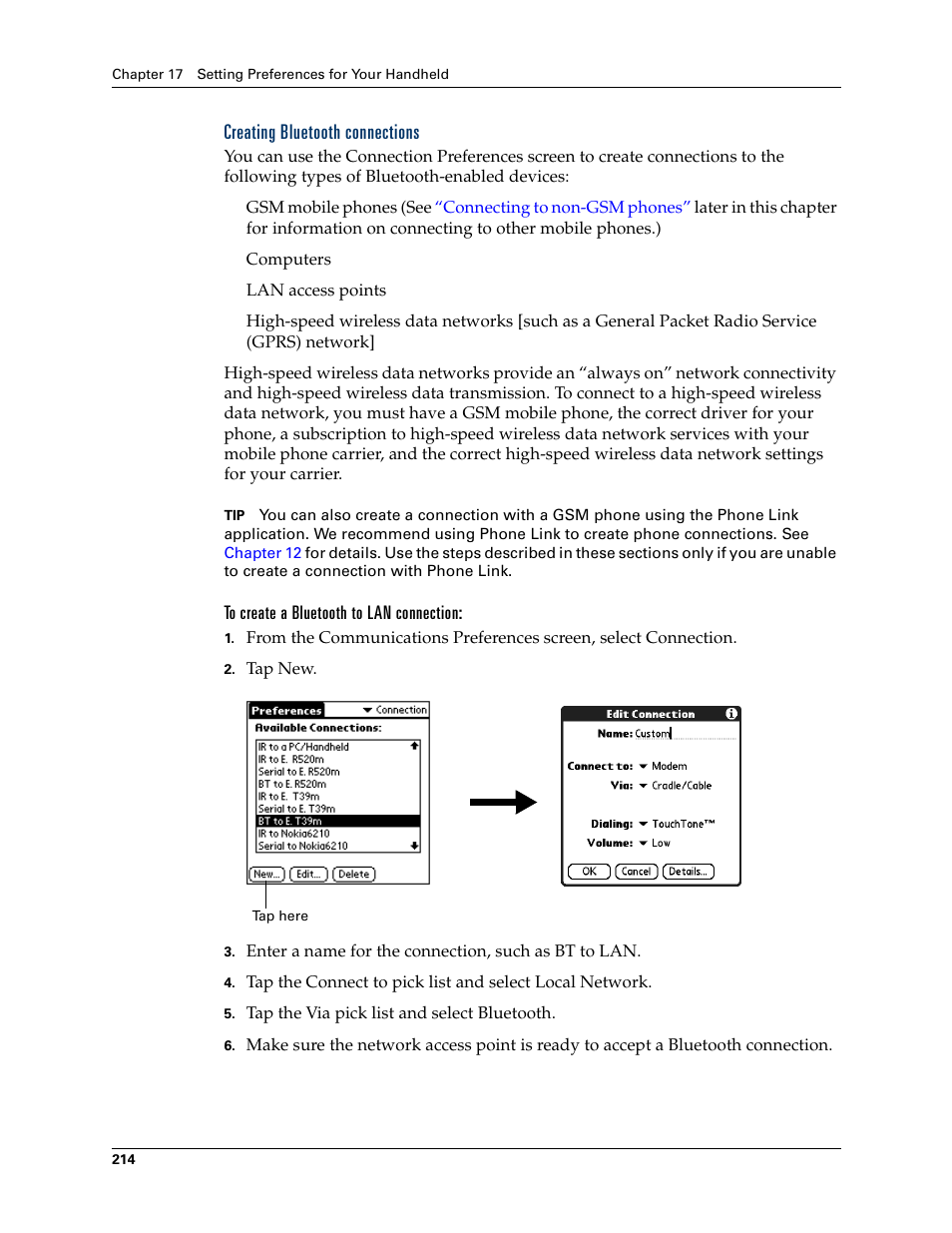 Creating bluetooth connections, To create a bluetooth to lan connection, Chapter 17 | Palm Tungsten T Handhelds User Manual | Page 224 / 290