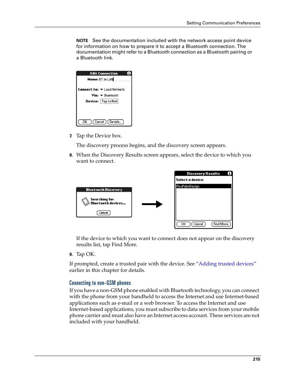 Connecting to non-gsm phones | Palm Tungsten T Handhelds User Manual | Page 225 / 290