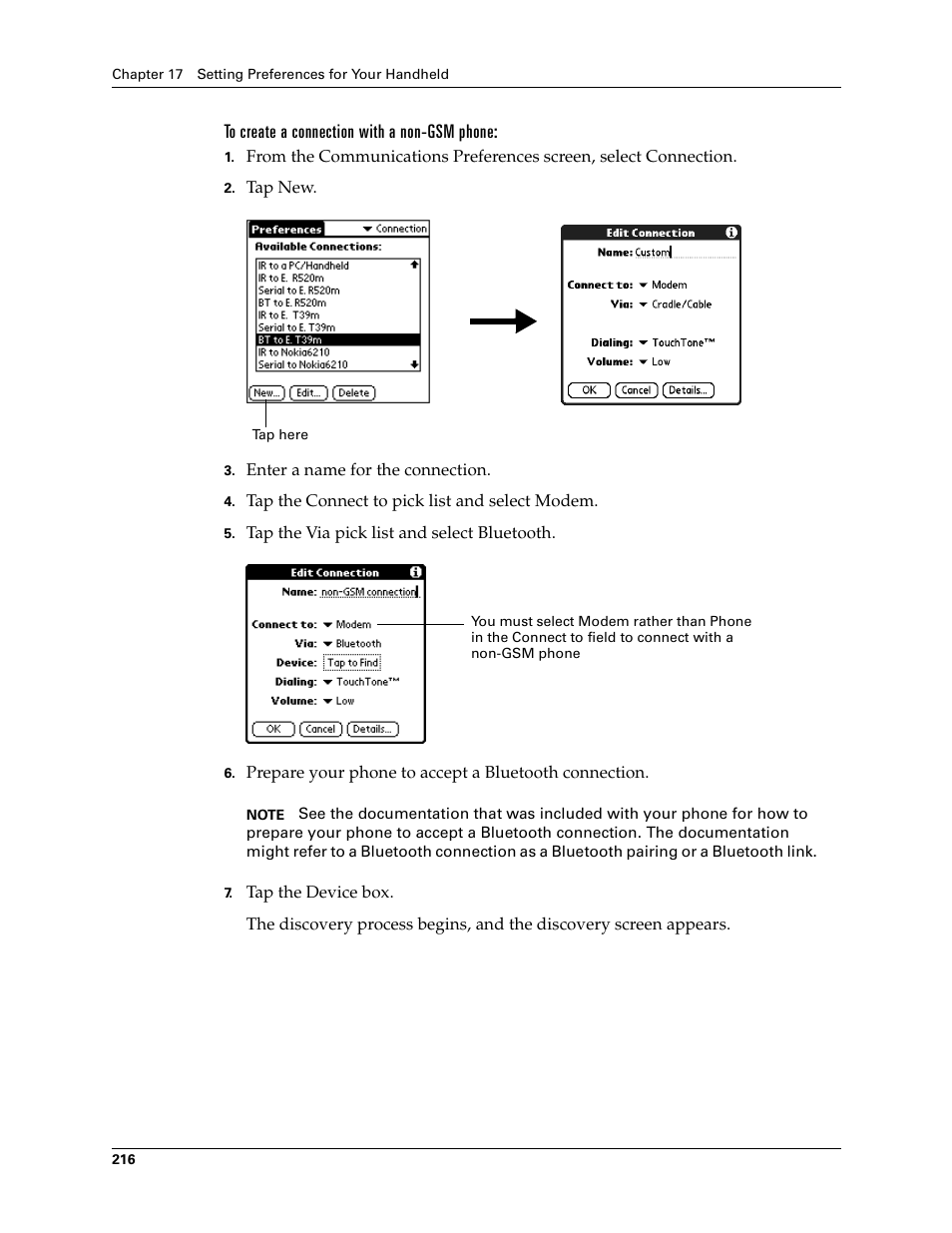 To create a connection with a non-gsm phone | Palm Tungsten T Handhelds User Manual | Page 226 / 290