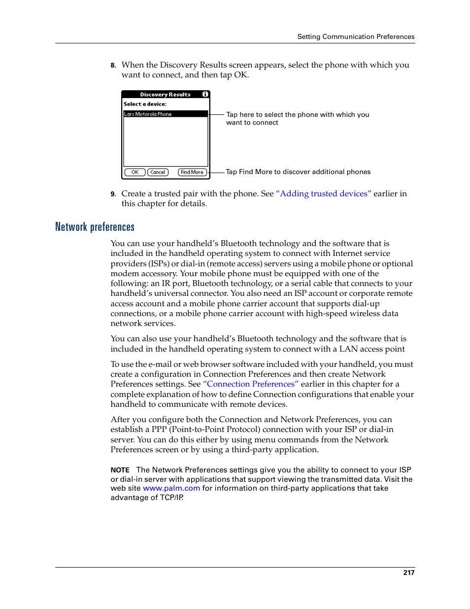 Network preferences, Chapter 17 | Palm Tungsten T Handhelds User Manual | Page 227 / 290