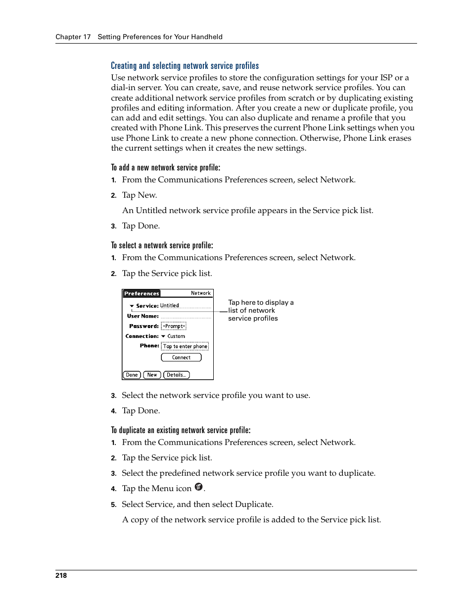 Creating and selecting network service profiles, To add a new network service profile, To select a network service profile | To duplicate an existing network service profile | Palm Tungsten T Handhelds User Manual | Page 228 / 290