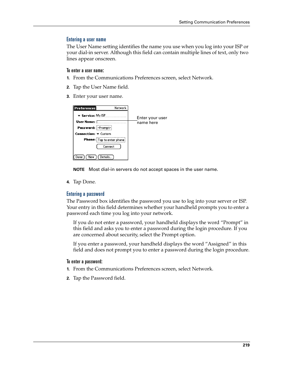 Entering a user name, To enter a user name, Entering a password | To enter a password | Palm Tungsten T Handhelds User Manual | Page 229 / 290