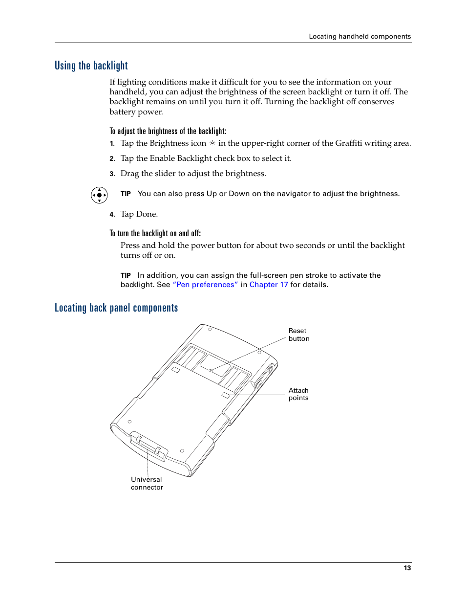 Using the backlight, To adjust the brightness of the backlight, To turn the backlight on and off | Locating back panel components, Using the backlight locating back panel components | Palm Tungsten T Handhelds User Manual | Page 23 / 290