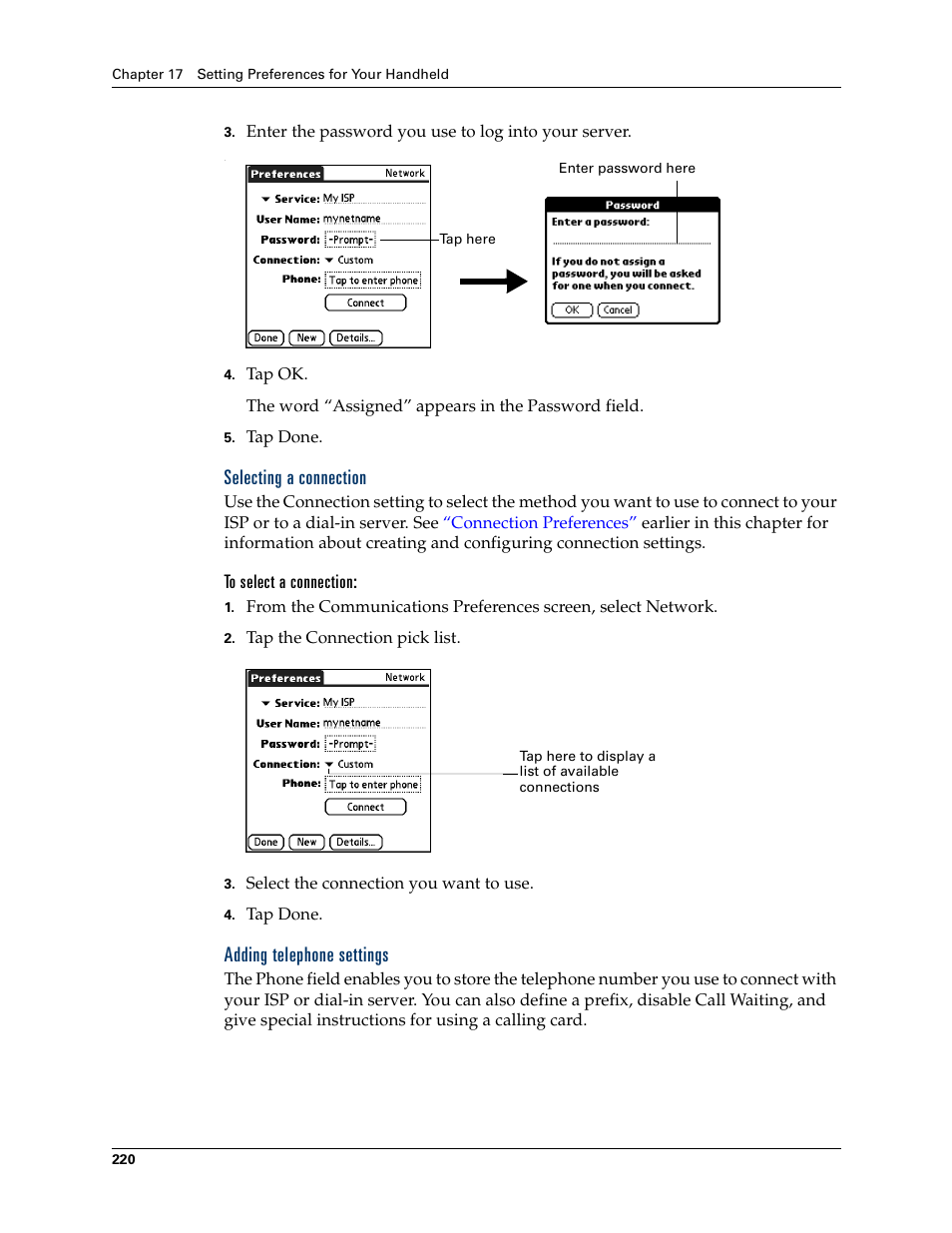 Selecting a connection, To select a connection, Adding telephone settings | Palm Tungsten T Handhelds User Manual | Page 230 / 290