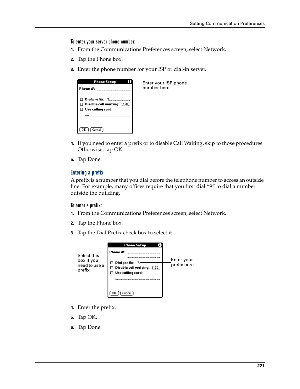 To enter your server phone number, Entering a prefix, To enter a prefix | Palm Tungsten T Handhelds User Manual | Page 231 / 290