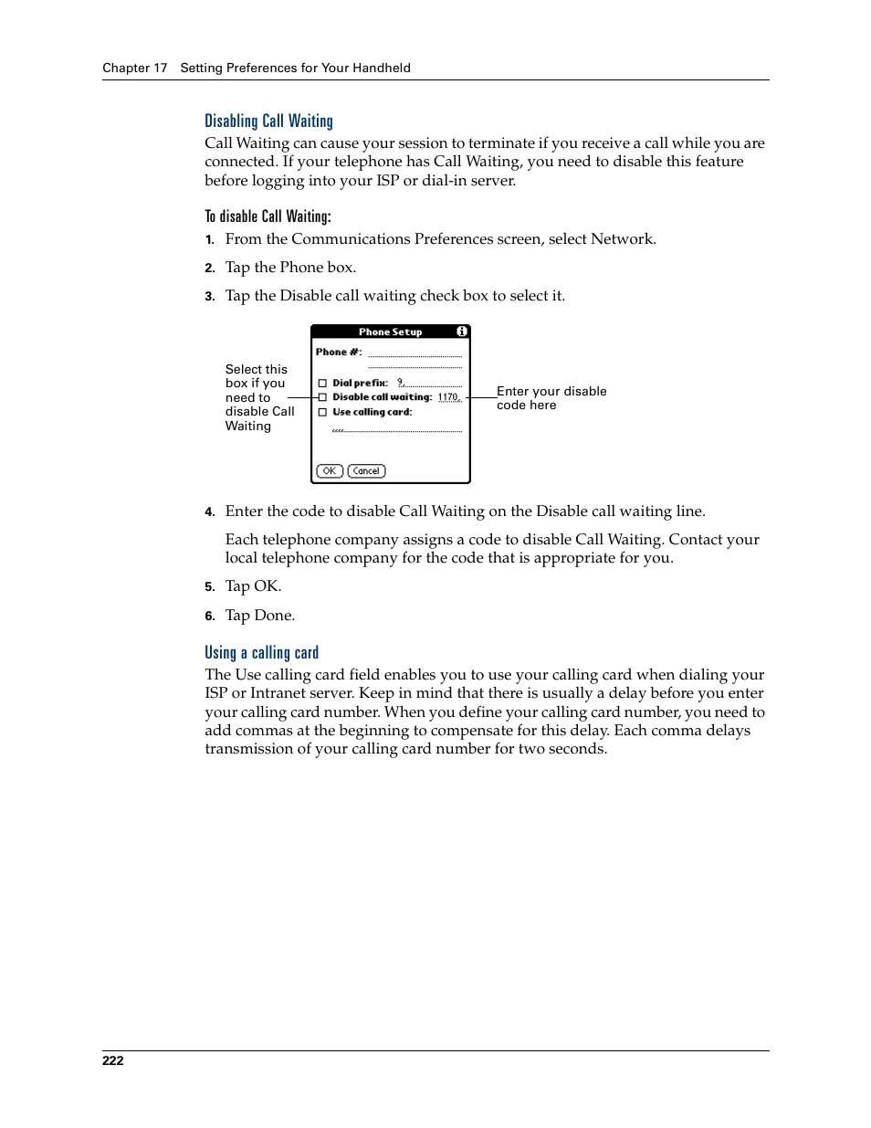 Disabling call waiting, To disable call waiting, Using a calling card | Palm Tungsten T Handhelds User Manual | Page 232 / 290