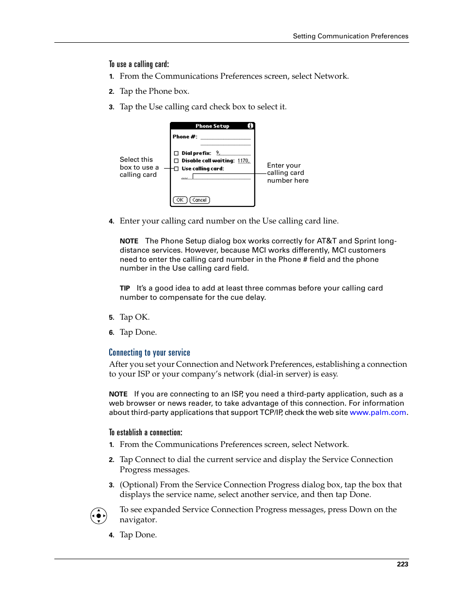 To use a calling card, Connecting to your service, To establish a connection | Palm Tungsten T Handhelds User Manual | Page 233 / 290