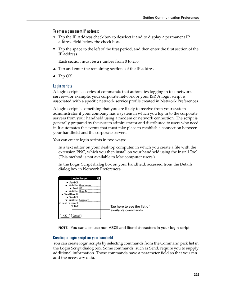 To enter a permanent ip address, Login scripts, Creating a login script on your handheld | Palm Tungsten T Handhelds User Manual | Page 239 / 290