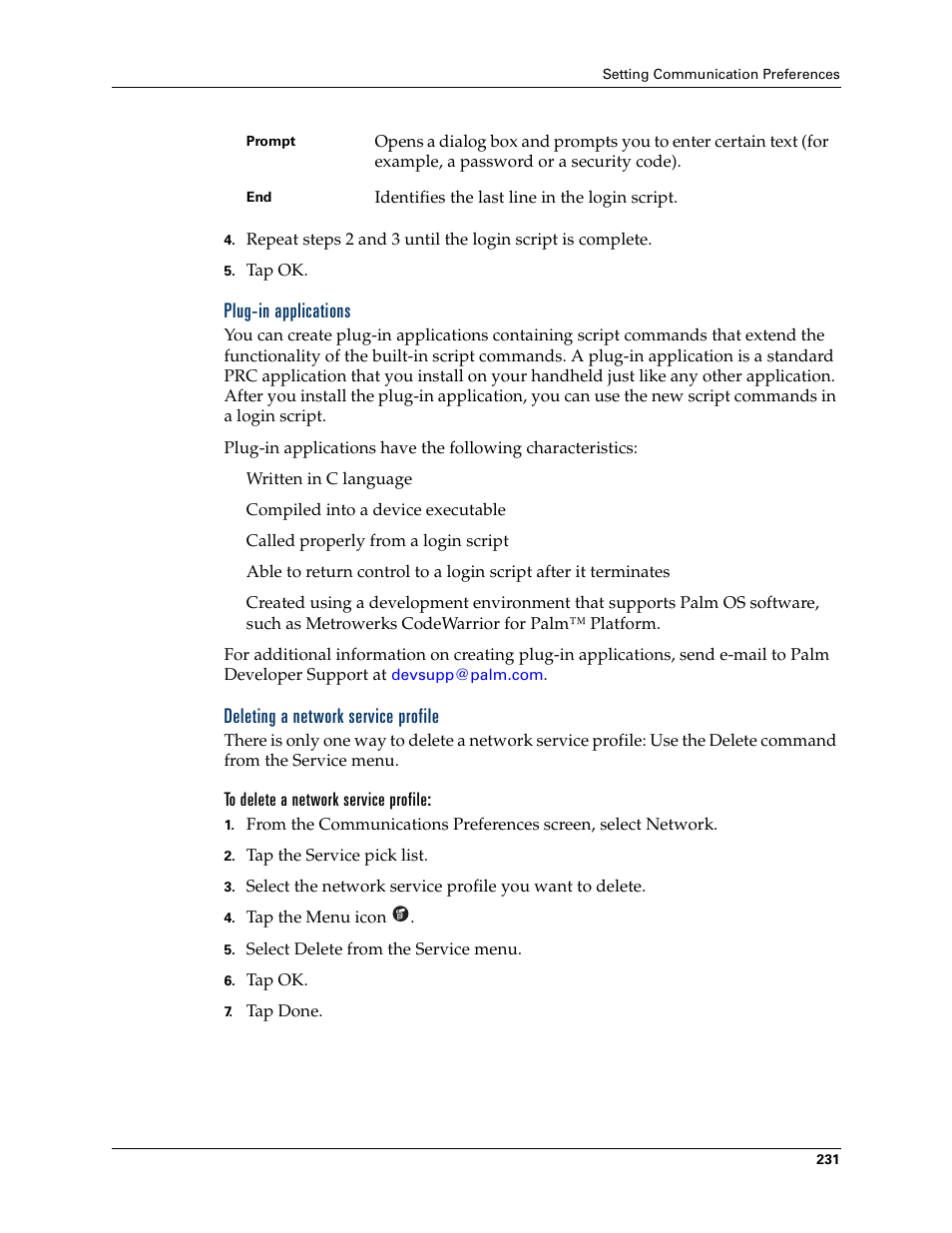 Plug-in applications, Deleting a network service profile, To delete a network service profile | Palm Tungsten T Handhelds User Manual | Page 241 / 290