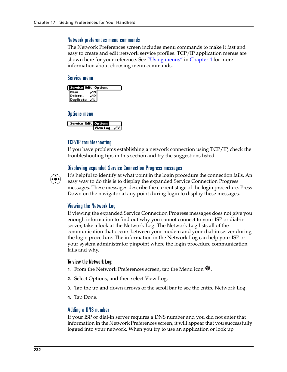 Network preferences menu commands, Service menu, Options menu | Tcp/ip troubleshooting, Viewing the network log, To view the network log, Adding a dns number | Palm Tungsten T Handhelds User Manual | Page 242 / 290