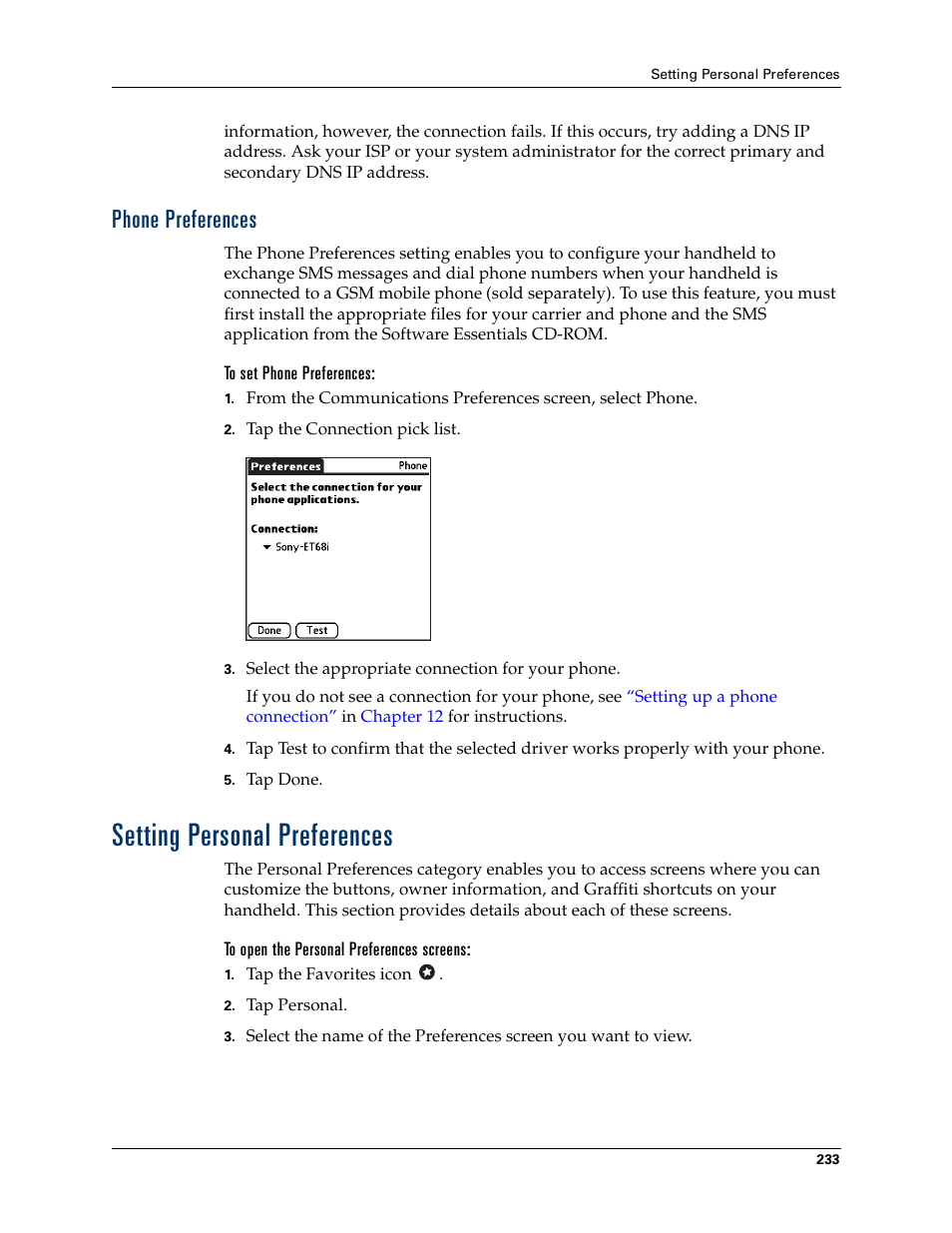 Phone preferences, To set phone preferences, Setting personal preferences | To open the personal preferences screens | Palm Tungsten T Handhelds User Manual | Page 243 / 290