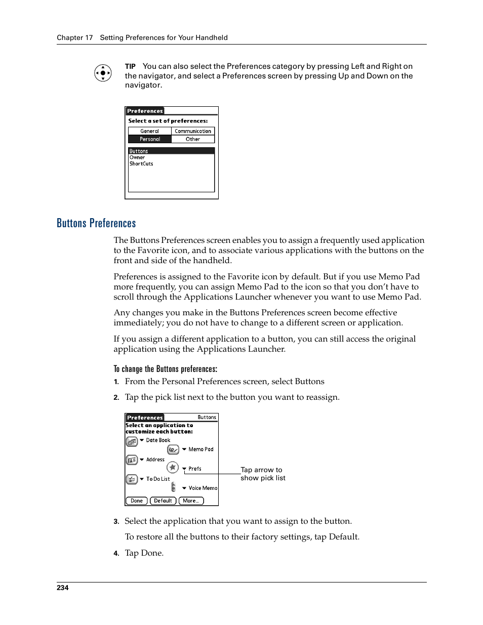 Buttons preferences, To change the buttons preferences, Mo. see | Buttons, Preferences, Chapter 17 | Palm Tungsten T Handhelds User Manual | Page 244 / 290