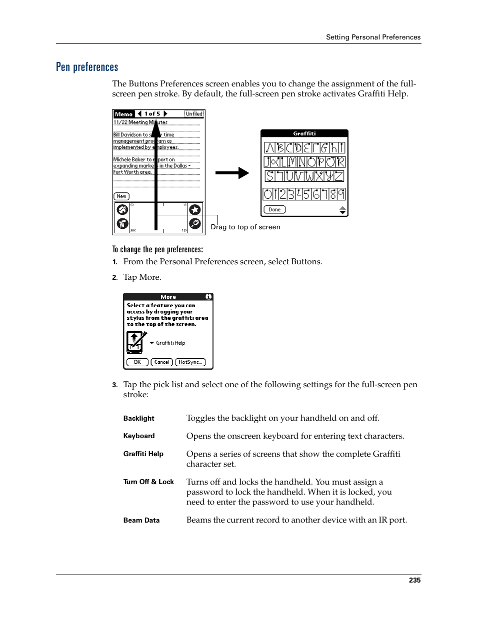 Pen preferences, To change the pen preferences, T. see | Chapter 17, Preferences | Palm Tungsten T Handhelds User Manual | Page 245 / 290