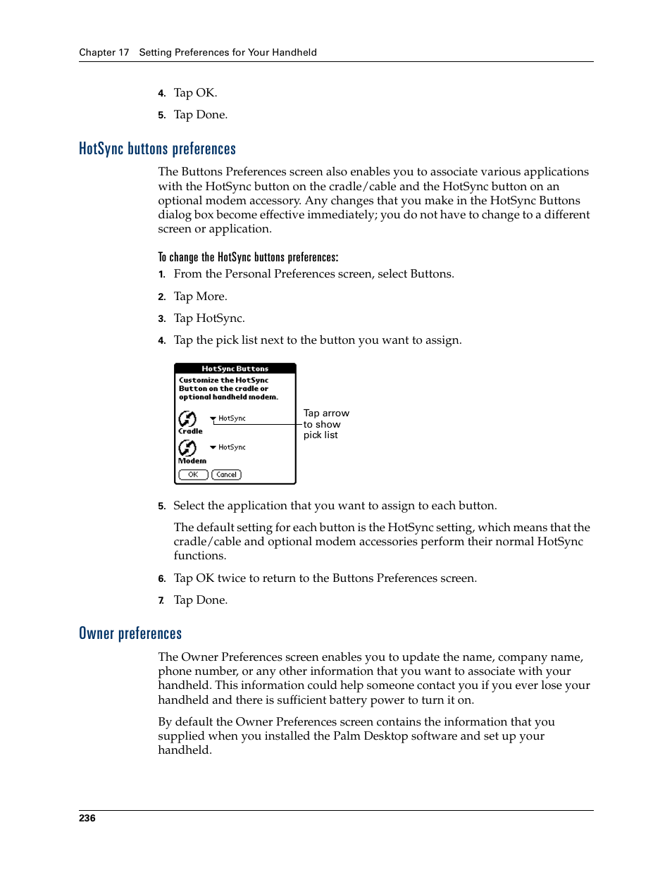 Hotsync buttons preferences, To change the hotsync buttons preferences, Owner preferences | Hotsync buttons preferences owner preferences | Palm Tungsten T Handhelds User Manual | Page 246 / 290