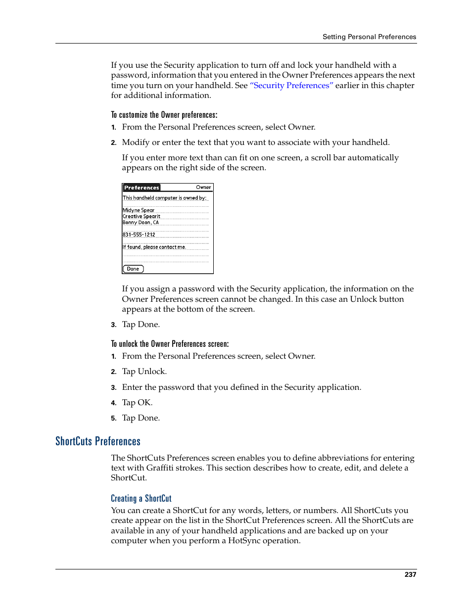 To customize the owner preferences, To unlock the owner preferences screen, Shortcuts preferences | Creating a shortcut, Memo. see, Shortcuts, Preferences, Chapter 17 | Palm Tungsten T Handhelds User Manual | Page 247 / 290