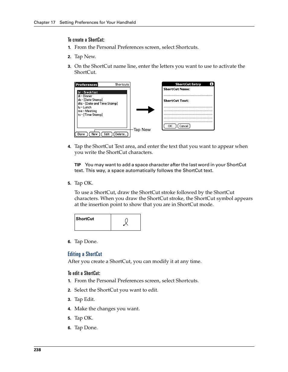 To create a shortcut, Editing a shortcut, To edit a shortcut | Palm Tungsten T Handhelds User Manual | Page 248 / 290