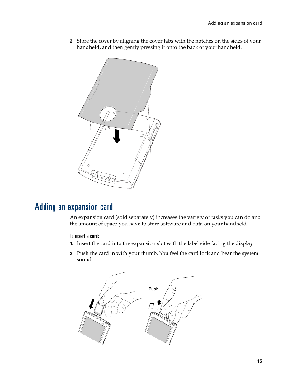 Adding an expansion card, To insert a card | Palm Tungsten T Handhelds User Manual | Page 25 / 290