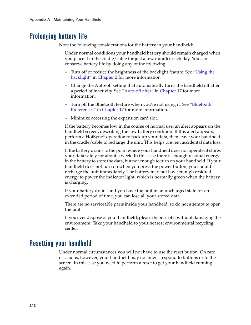 Prolonging battery life, Resetting your handheld, Prolonging battery life resetting your handheld | Appendix a | Palm Tungsten T Handhelds User Manual | Page 252 / 290
