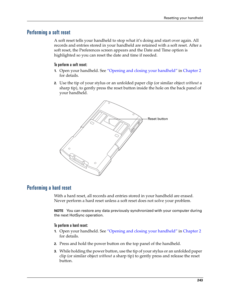 Performing a soft reset, To perform a soft reset, Performing a hard reset | To perform a hard reset, Performing a soft reset performing a hard reset, On. see, Appendix a | Palm Tungsten T Handhelds User Manual | Page 253 / 290
