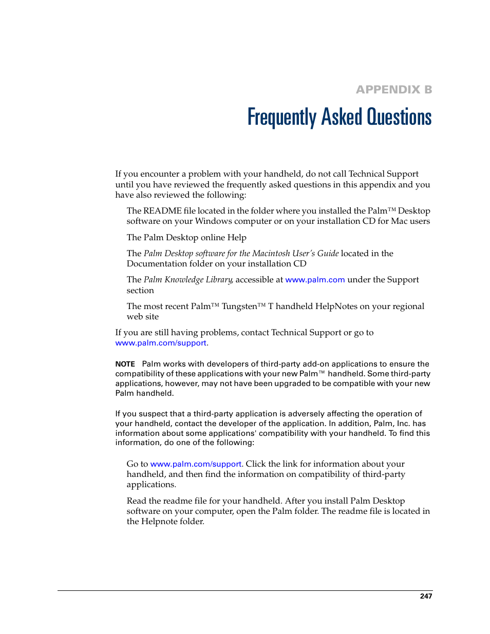 Frequently asked questions, Appendix b: frequently asked questions, Appendix b | Palm Tungsten T Handhelds User Manual | Page 257 / 290