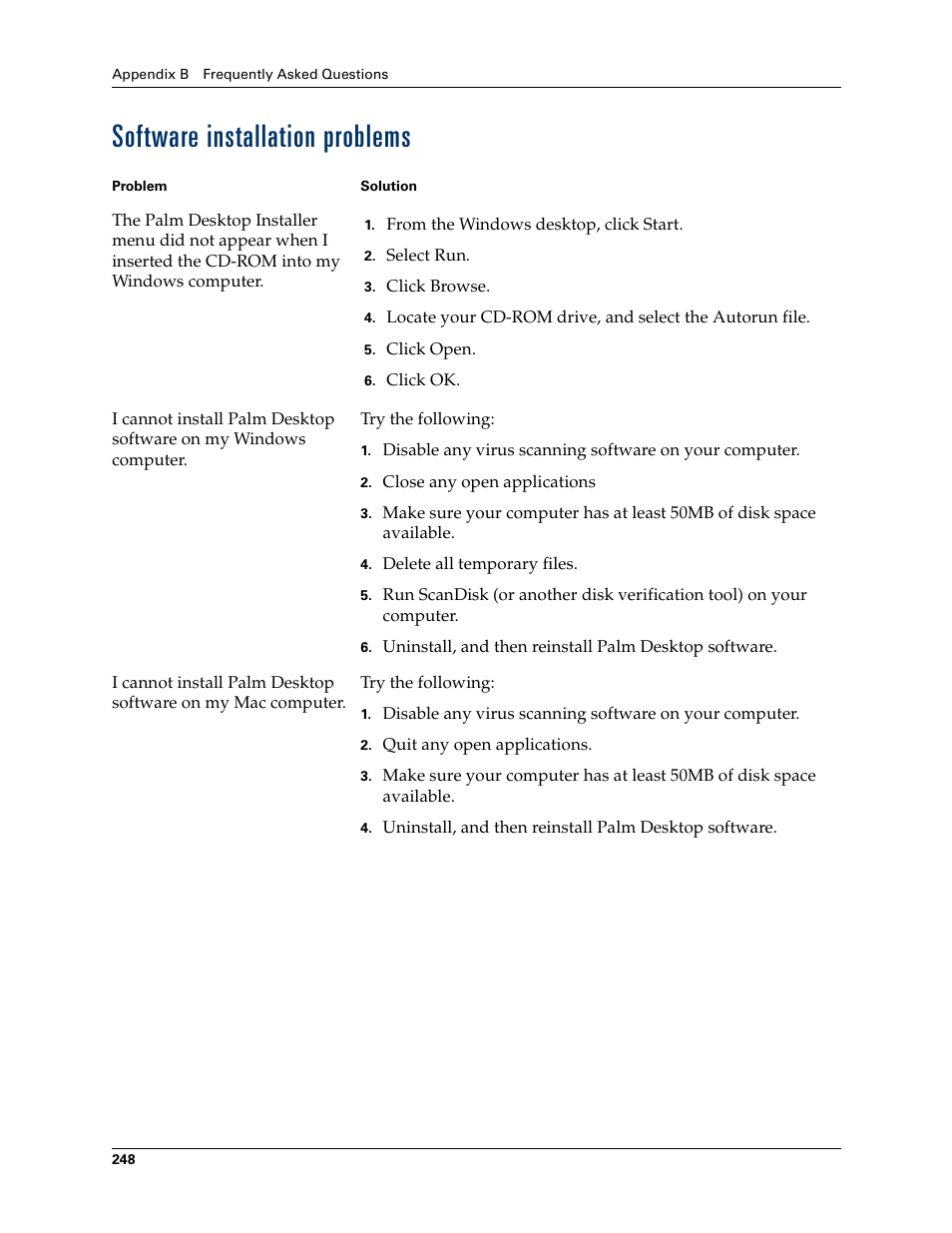 Software installation problems | Palm Tungsten T Handhelds User Manual | Page 258 / 290