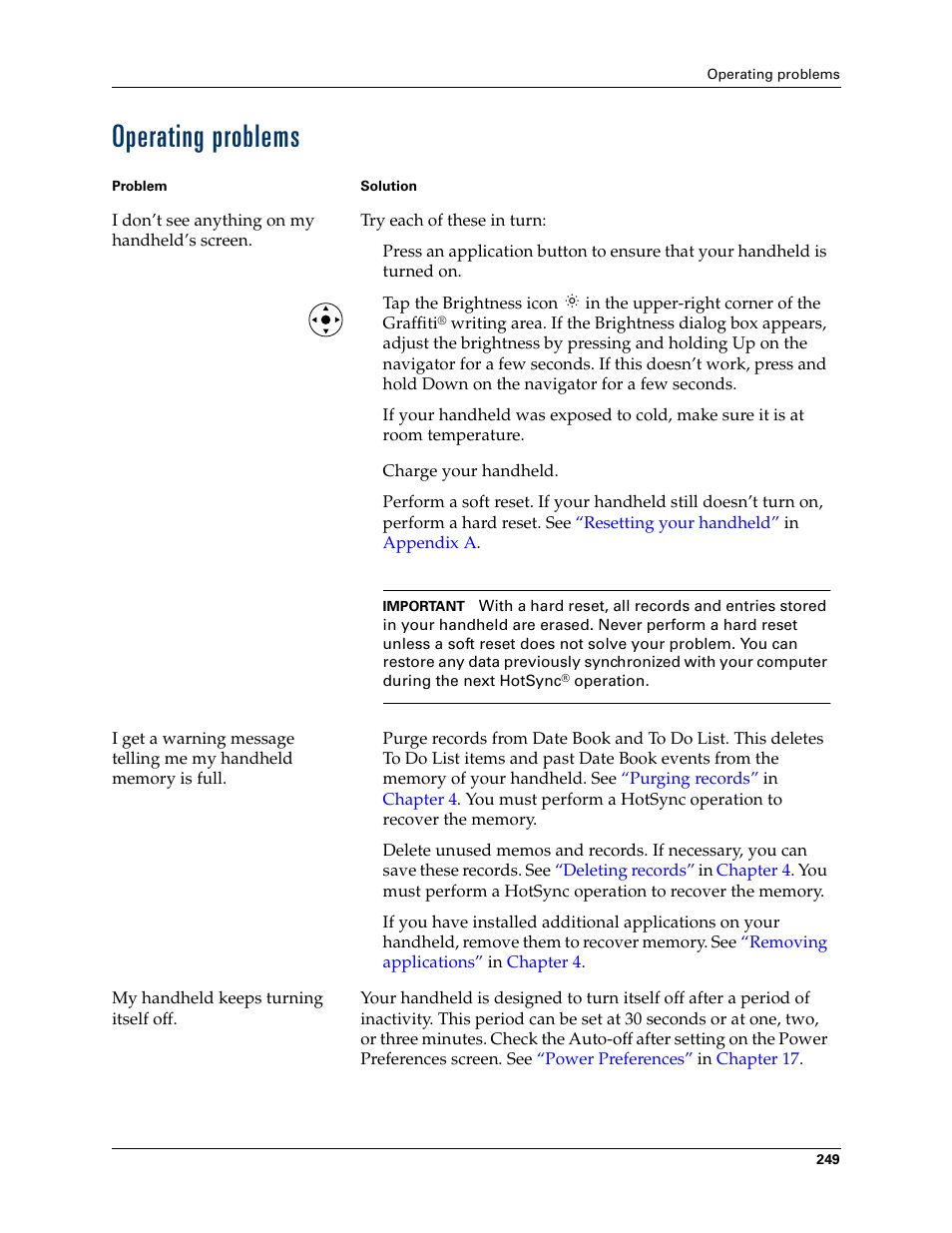 Operating problems, Rn on, see, Appendix b | Palm Tungsten T Handhelds User Manual | Page 259 / 290