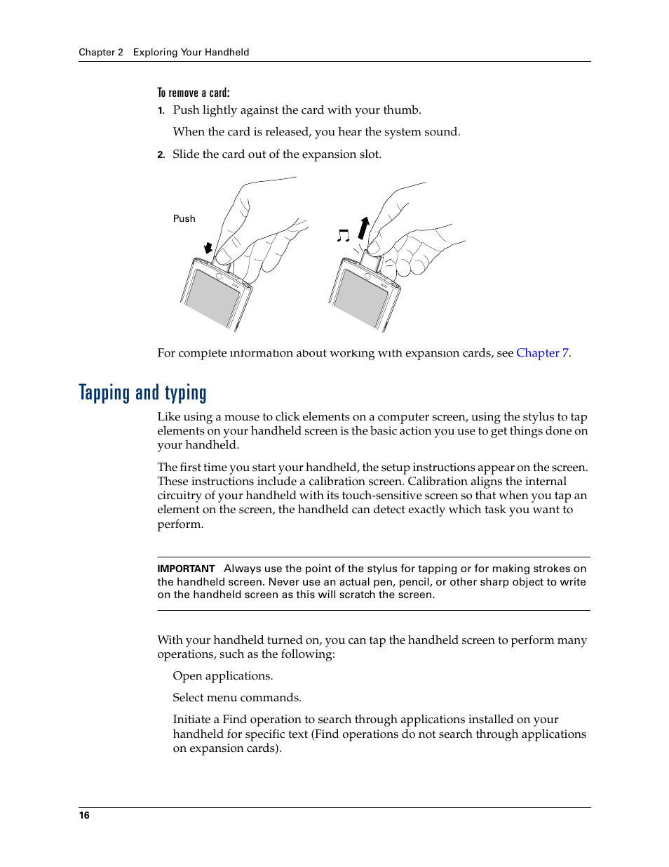 To remove a card, Tapping and typing | Palm Tungsten T Handhelds User Manual | Page 26 / 290