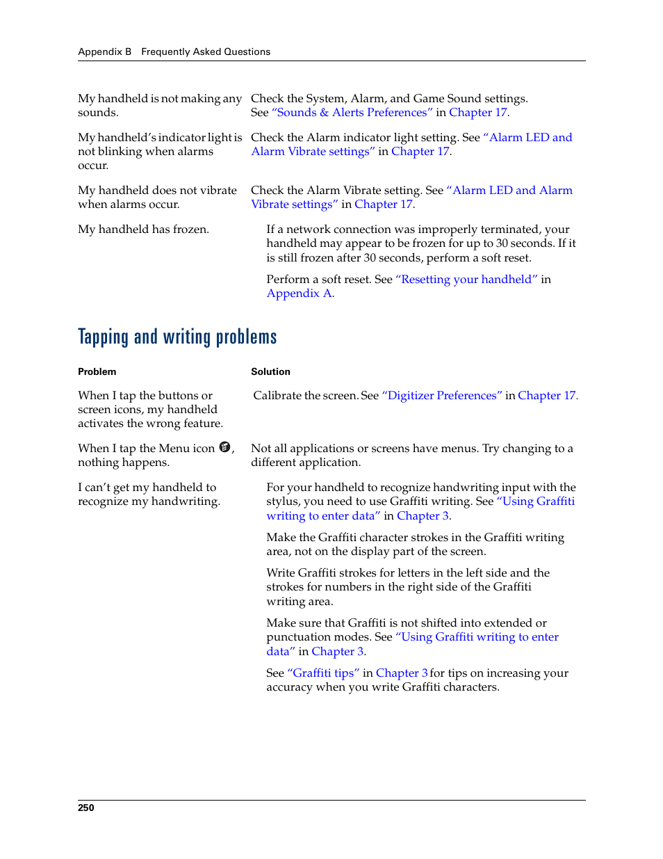Tapping and writing problems | Palm Tungsten T Handhelds User Manual | Page 260 / 290