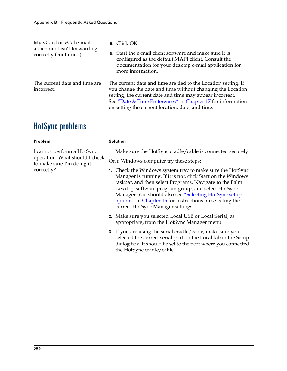 Hotsync problems, Tion, see, Appendix b | Palm Tungsten T Handhelds User Manual | Page 262 / 290