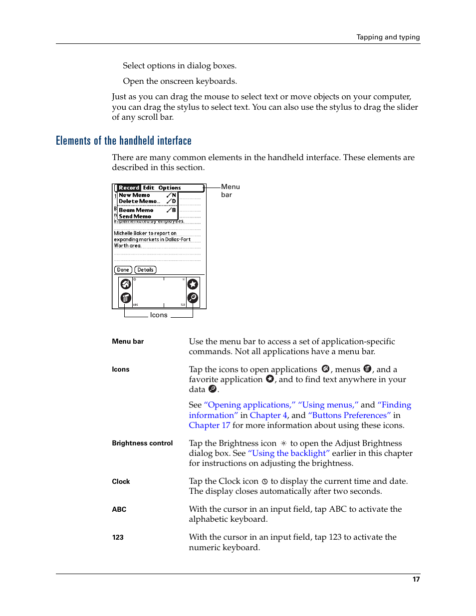 Elements of the handheld interface | Palm Tungsten T Handhelds User Manual | Page 27 / 290