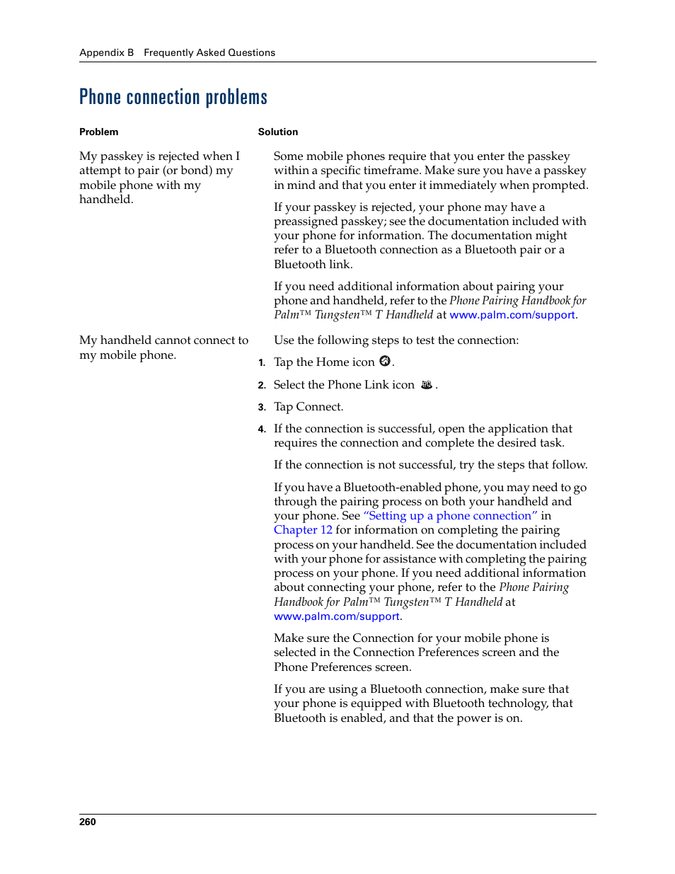 Phone connection problems | Palm Tungsten T Handhelds User Manual | Page 270 / 290