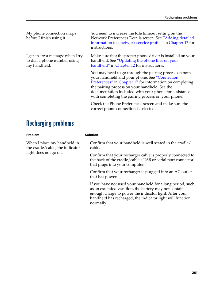 Recharging problems | Palm Tungsten T Handhelds User Manual | Page 271 / 290