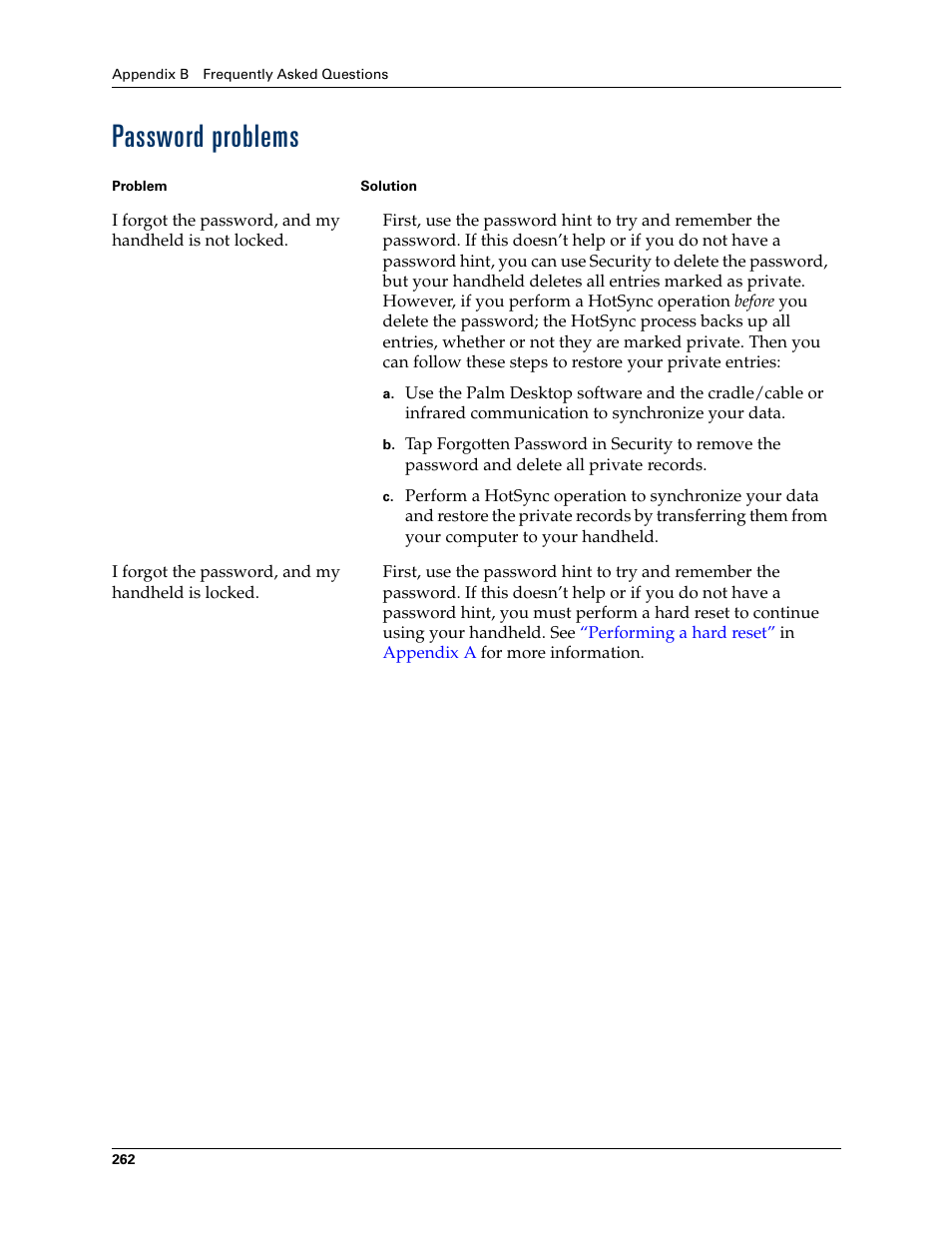 Password problems | Palm Tungsten T Handhelds User Manual | Page 272 / 290