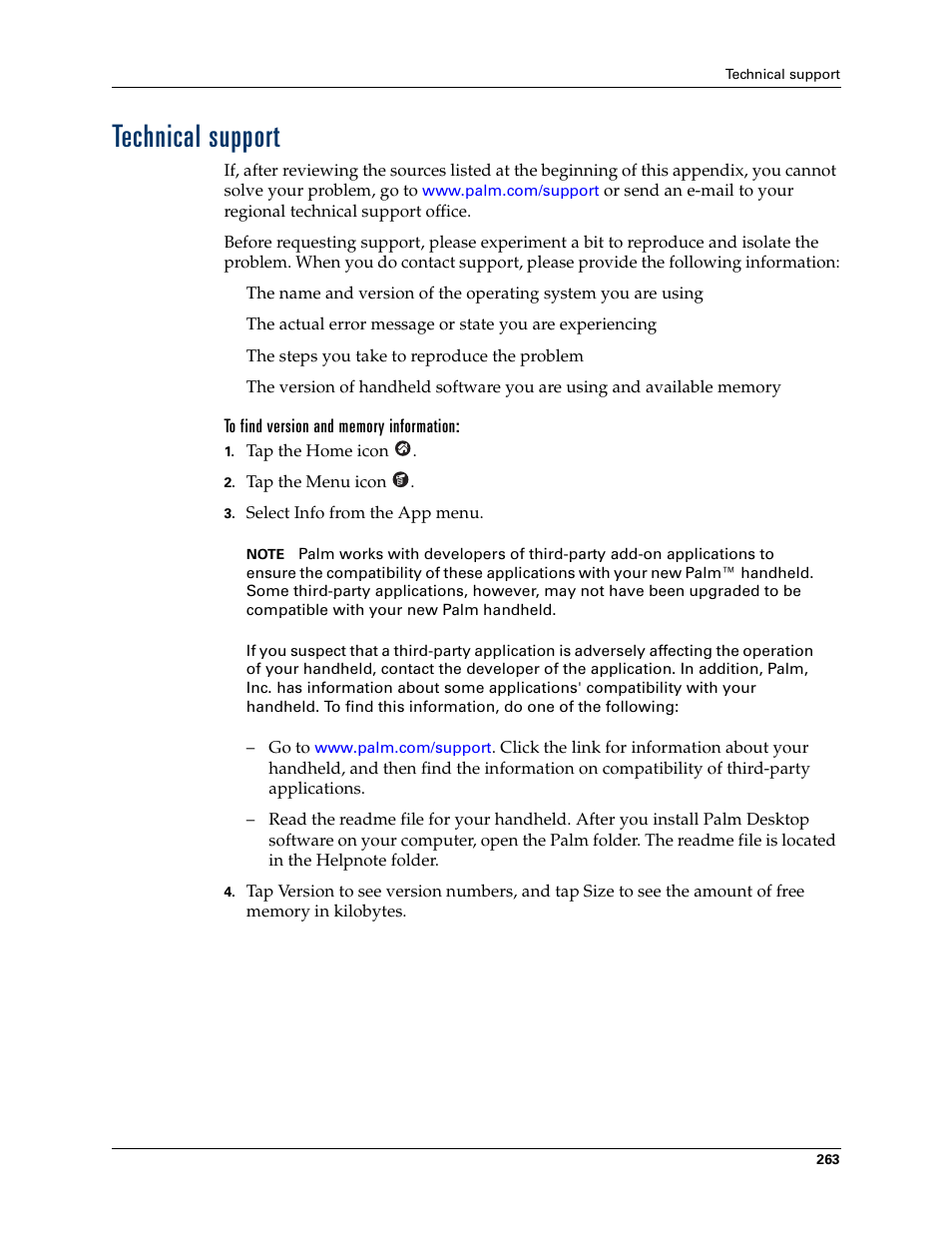 Technical support, To find version and memory information | Palm Tungsten T Handhelds User Manual | Page 273 / 290