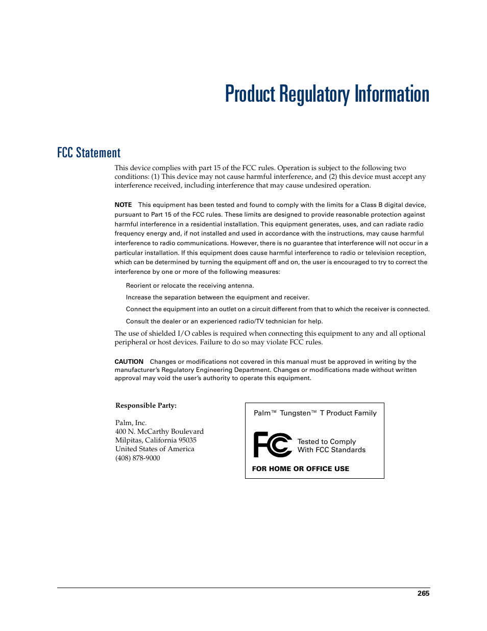 Product regulatory information, Fcc statement | Palm Tungsten T Handhelds User Manual | Page 275 / 290