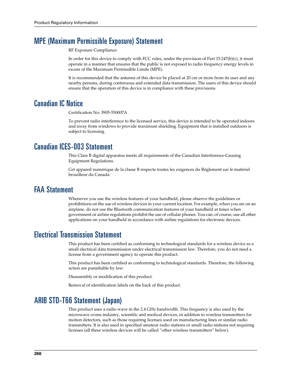 Mpe (maximum permissible exposure) statement, Canadian ic notice, Canadian ices-003 statement | Faa statement, Electrical transmission statement, Arib std-t66 statement (japan) | Palm Tungsten T Handhelds User Manual | Page 276 / 290