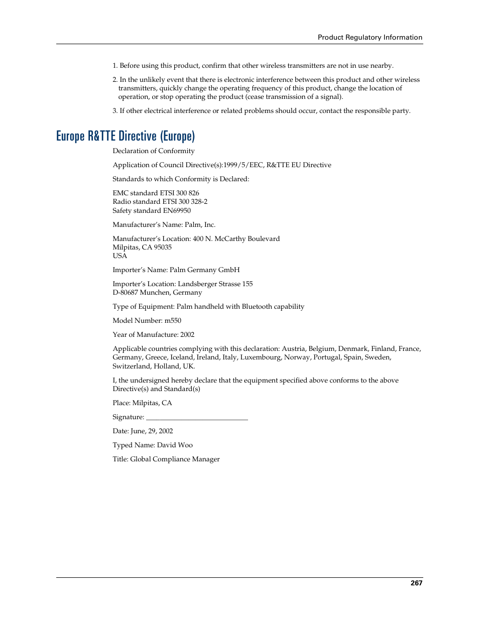 Europe r&tte directive (europe) | Palm Tungsten T Handhelds User Manual | Page 277 / 290