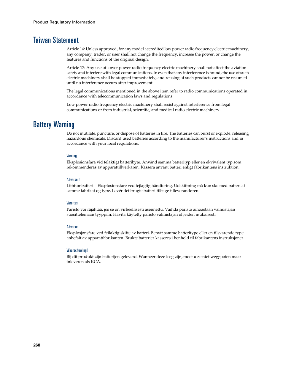 Taiwan statement, Battery warning | Palm Tungsten T Handhelds User Manual | Page 278 / 290
